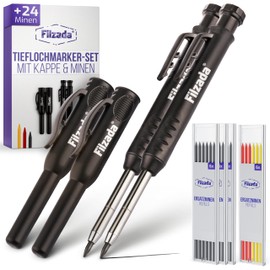 Filzada® 2 x deep hole markers with 24 extramines - in 3 colours - carpenter's pencils with quiver/cap - drill hole marker - pencil construction site - marking pen - deep hole marker pencil - marking