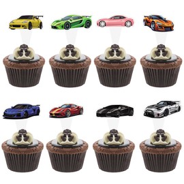 Lyosehy 48PCS Race Car Cupcake Toppers - 8 Designs, 6pcs Each - Red, Black, White - Perfect for Birthday, Baby Shower - Reusable Paper Toppers