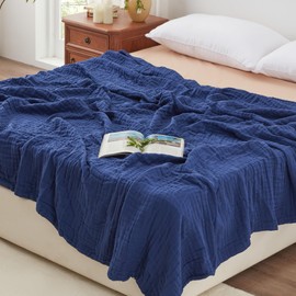 Love's cabin 6 Layer 100% Cotton Muslin Blanket, 90"x90" Muslin Blanket Queen for Couch Bed, Navy Blue Queen Size Muslin Blanket, Cotton Gauze Blanket for Adult, Lightweight and Breathable Blanket