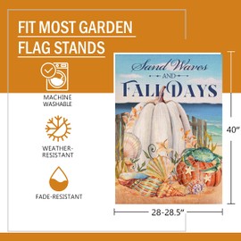 Furiaz Sand Waves Fall Days White Pumpkin Beach Decorative Large House Flag, Ocean Autumn Coastal Sea Yard Outside Decoration, Thanksgiving Crab Shell Conch Nautical Outdoor Decor Double Sided 28x40