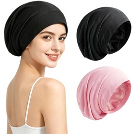 2PCS BSMKD Gorro para Dormir, Gorra Ajustable con Forro de satén Sedoso, Gorro de Satin para Dormir,para Dormir, Belleza, Maquillaje, Bañarse, Cuidado del Cabello (Negro y Rosa)