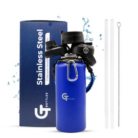 GT BOTTLES 32oz Stainless Steel Vacuum Insulated Wide Mouth Water Bottle with 3 Lids and Paracord Handle for Hot & Cold Beverage (Dark Blue, 32oz)