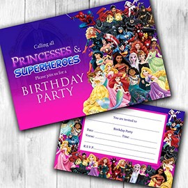 Princess & Superhero Party Invitations & Envelopes Birthday Invites (WRITE ON) Packs. (20 Invites & Envelopes)