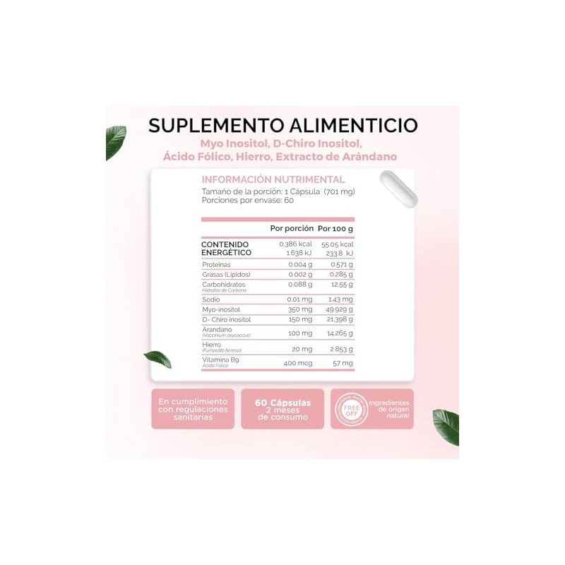 Oby Inositol Myo Chiro Acido Folico Hierro Extracto Arándano Suplemento