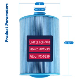 Mamokin PWW50P3-M Spa Filter, Replaces Unicel 6CH-940RA，Filbur FC-0359M, 817-0050, 25252, 03FIL1400, PWW50P3-M(1 1/2" Coarse Thread),45 sq.ft Screw in Hot Tub Filter,L x OD:7 5/8"x 6" 2 Pack