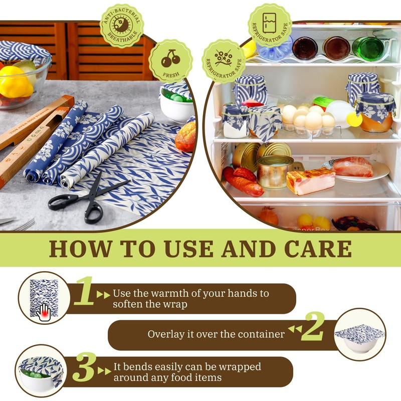 Moukeren 3 Rolls Reusable Beeswax Wrap 13'' x 40'' Food