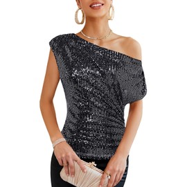 Slimming Ladies Off Shoulder Sequin Top Dressy Ruched Asymmetrical Sparkle Top Cute Bling Vegas Outfit for Women Holidays Shimmer Silver Black L