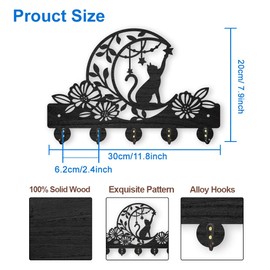 MAYJOYDIY Cat Moon Flower Coat Rack Wall Mounted Wood Animal Moon Star Key Hanger Wall Art Decor 30×20cm 5 Alloy Hooks Black Key Rack Organizer for Gift Entryway Hallway Kitchen Room