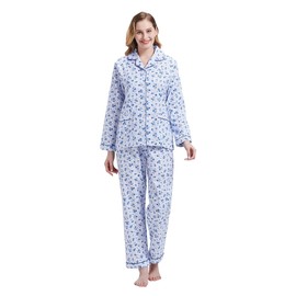 GLOBAL Women's Flannel Pajamas Set 100% Cotton PJs for Women Long Sleeve Button Drawstring Waist Warm Loungewear Sleepwear-XXL