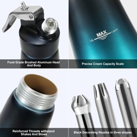 Cream Whipper Aluminum Professional Whip Cream Canister Heavy Duty Whipped Cream Dispenser with 3 STAINLESS STEEL Decorating Nozzles & Cleaning Brush Green
