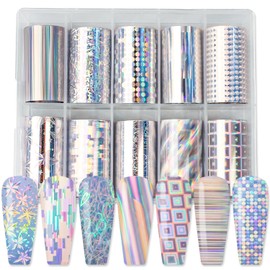 DANNEASY 10 Roll Metallic Silver Nail Foil Transfer Laser Holographic Nail Foils Starry Sky Nail Stickers Sheets Iridescent Nail Art Foil Transfer Nail Design Stickers Nail Decoration