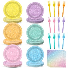 CHUNNIN 96Pcs Pastel Rainbow Party Plates and Napkins Forks for Colorful Rainbow Birthday Decorations Baby Shower Glittery Plates Set for 24 Guests Birthday Party Supplies Favors