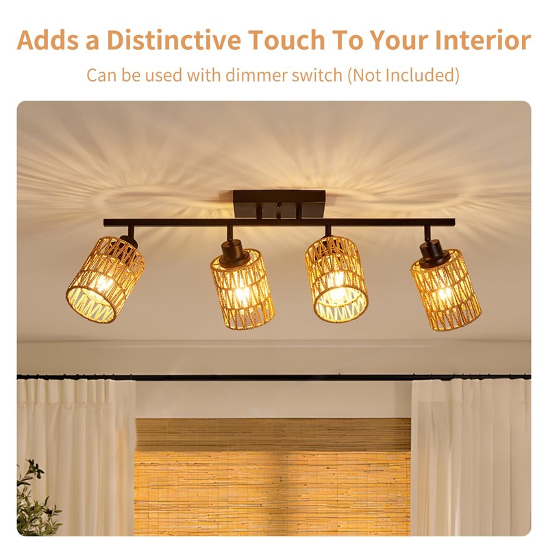 4 Light E26 Track Lighting Fixtures Ceiling Rattan Farmhouse Boho