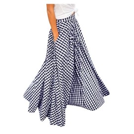Sanahy Women Mopping Floor Length Big Hem Vintage Plaid Beach High Waist Maxi Skirt Party A-Line Big Hem Long Skirt with Pockets(Blue,XXL)