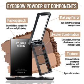 HOSAILY 3 Colors Eyebrow Powder Professional Makeup Kit, Waterproof Long Lasting Brow Contour Palette with Mini Brow Brush&Razor Set, Light&Medium&Dark Brown Brow Filler Sculpt Brow Powder for Women