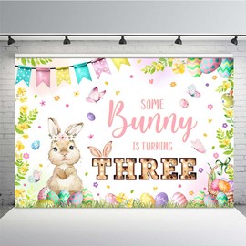 MEHOFOND 7x5ft Spring Bunny Theme Backdrop for Gril Third Birthday Rabbit Some Bunny is Turning Three Easter 3rd Birthday Background with Eggs Butterfly Party Decorations