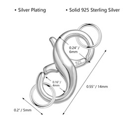 Lobster Clasp Double Opening Silver Lobster Clasp with Jump Rings Sterling Silver Necklace Clasp Connector Bracelet Clasp for DIY Jewelry Repair Kit 0.55 x 0.24 Inch