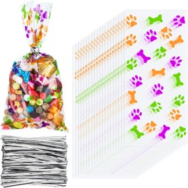 Maitys 100 Pcs Dog Paw Treat Bags Dog Cellophane Bags for Goodie Candy Bulk 8 x 4 Inch Party Favor Supplies(Colorful)