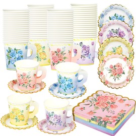 Fairooth 40 Set Floral Tea Cups and Saucers Disposable Tea Party Supplies Colorful Flower Teacups with Handle and Paper Napkins Dinnerware Set for Floral Theme Tea Party Birthday Wedding Bridal Shower Supply