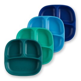 Re Play - 4 Pack 7.37" Divided Plates with Deep Sides for Baby, Toddler & Child Feeding - BPA Free - Made in USA from Recycled Milk Jugs - A True Blue (Aqua, Sky, Navy, Teal)