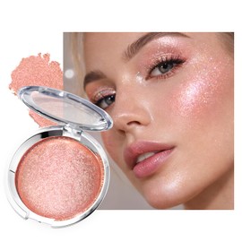 Pink Shimmer Highlighter Makeup, Natural Peach Blush Highlight Palette, Silky Cream Blendable Face Highlight Makeup High-Pigment Waterproof Glitter Glow Everyday Body Highlighting for all Skin#0.56oz