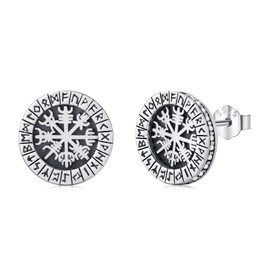 Twoowl Viking Compass Earrings 925 Sterling Silver Norse Viking Runes Stud Earrings Viking Jewelry for Men Women, 0.43inch, Sterling Silver, Cubic Zirconia
