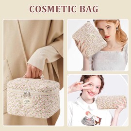 Everfunny 3 Pcs Cotton Quilted Makeup Bag Set, Floral Cotton Cosmetic Bag, Aesthetic Toiletry Travel Organizer Bag for Women(Little Pink Flower)
