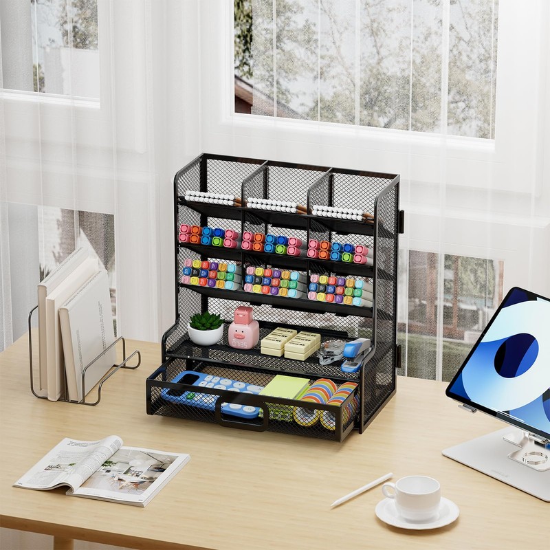 Marbrasse Larger Mesh Desk Organizer with Drawer, Multi-Functional Pen Pencil