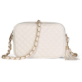 Mabel London Womens Quilted Cross-body Small Bag with Long Metal Embelishment Chain Strap - Tasseled and Trendy - Mia (Design 1 - White)