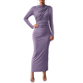 BTFBM Women Bodycon Maxi Dress Long Sleeve Back Slit Ruched Elegant Party Cocktail Formal Fall Wedding Guest Dresses(Purple, Medium)