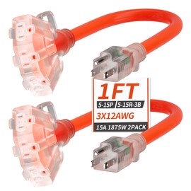 PlugSaf 1 FT 2 Pack 12/3 Gauge Outdoor Extension Cord with Multiple Outlets Light Indicator, Weatherproof 3 Outlet Heavy Duty Extension Cord Waterproof Orange, 15A 1875W 12AWG SJTW, ETL Listed