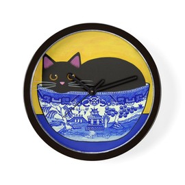 CafePress Black CAT Blue Willow Bowl Folk Art Unique Decorative 10" Wall Clock