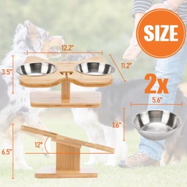 Elevated Dog Bowls Raised Pet Bowl Natural Bamboo Stand with 2 Stainless Steel &1 Slow Feeder Food Bowls Non-Slip Dog Feeder for Puppy Small Dogs and Cats