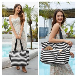 HOMESPON Large Waterproof Beach Bag for Women Sandproof Tote Bag Pool Bag with Zipper and Pockets for Travel Vacation Gym (Black Stripes)