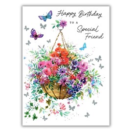 Special Friend Birthday Card - Female - for Her - Floral, Butterflies & Bees - Artistic Design - Flowers in Hanging Basket - Made in the UK - Eco-Friendly