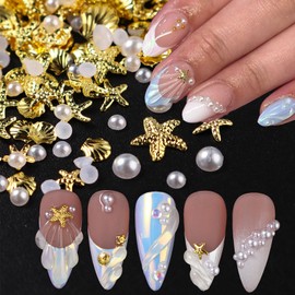 BQZQPAMZ a Bag Starfish Nail Charms About 200Pcs Pearl Nail Rhinestones Gold Shell Nail Gems Bedazzling Gems for Women DIY Summer Nail Art Supplies