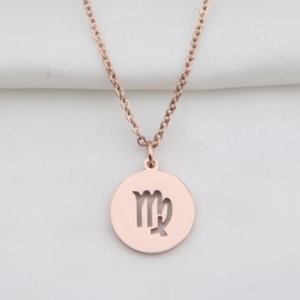 Kuiyai Zodiac Pendant Necklace Rose Gold Disc Horoscope Necklace Birthday Gift, Stainless Steel