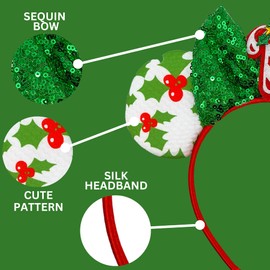 Needzo Holly and Candy Cane Christmas Mouse Ear Headband, Sequin Festive Holiday Hair Accessory for Women or Girls, One Size Fits Most