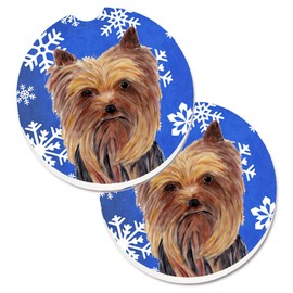 Caroline's Treasures SC9365CARC Yorkie Winter Snowflakes Holiday Set of 2 Cup Holder Car Coasters Absorbent Sandstone Coasters for Car Cup Holders Gifts for Men or Women, Large, Multicolor