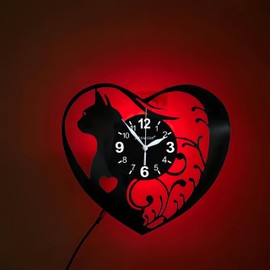 Heart-Shaped Cat Wall Clock with LED Backlight, Silent Movement, Vinyl Record Design, Color Changing, Home Decor