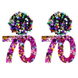 RareLove 70th Birthday Earrings for Women, Pink Number 70 Colorful Beaded Glitter Dangle Stud Earrings, Fun Birthday Party Accessories Jewelry