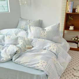 DREAMINGO Double-Layer Guaze Duvet Cover 100% Cotton Floral Checkered Patchwork Blue Bedding Set Girls Cute Comforter Cover with Zipper Closure, Super Soft & Durable, Twin-68x86 Inch