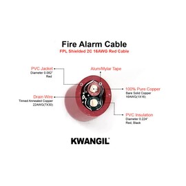 KWANGIL 16AWG 2/C Shielded Solid 100% Copper (UL) Certified Fire Alarm Cable Wire (FPL) - Sol BC, PVC Ins, AL-Mylar+Drain, PVC JKT, CM, Fire Alarm Monitor/Detection Circuits (Red 250FT)