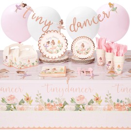 BLUE PANDA 219-Piece Ballerina Birthday Party Decorations, Dinnerware Set with Plates, Napkins, Cups, Tablecloth, Cutlery, Banner, Favor Bags, and Balloons, Tiny Dancer Theme (Serves 24), Pink