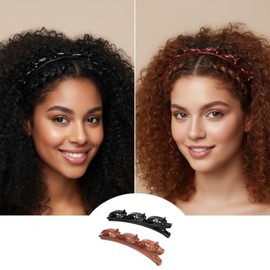 Jinshining 4Pcs Double Bangs Hairband with 8 Small Clips Women's Double Layer Twist Braid Tools for Curly, Thick Hair Toothed Headbands, Hair Braiding