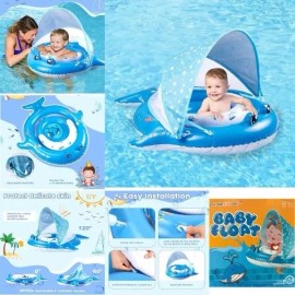 Baby Pool Float with Canopy, Inflatable Baby Swimming Ring with Blue Whale New