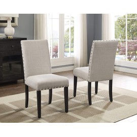 Roundhill Furniture Biony Tan Fabric Dining Chairs with Nailhead Trim, Set of 2, Brown, Tan
