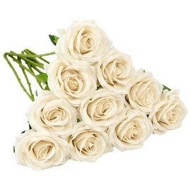IUKnot Artificial Rose 10pcs Open Flower Bouquet Faux Rose Stems for Wedding Arrangement, Bridal Bouquet, Centerpiece, Fake Faux Silk Flowers (Beige)