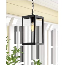 Beionxii Outdoor Pendant Light, Modern Exterior Hanging Porch Lantern, Black Cast Aluminum w/Clear Cylinder Glass - A291H-1PK