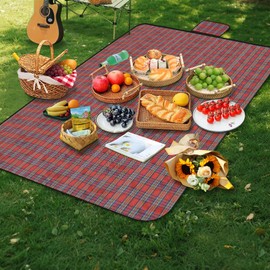 Alaoo Picnic Blanket,Extra Large Waterproof Picnic Mat with Carrying Handle Foldable and Portable 150CM X 200CM, Camping Blankets for Camping, Park, Garden, Beach, Outdoor,Red Stripes